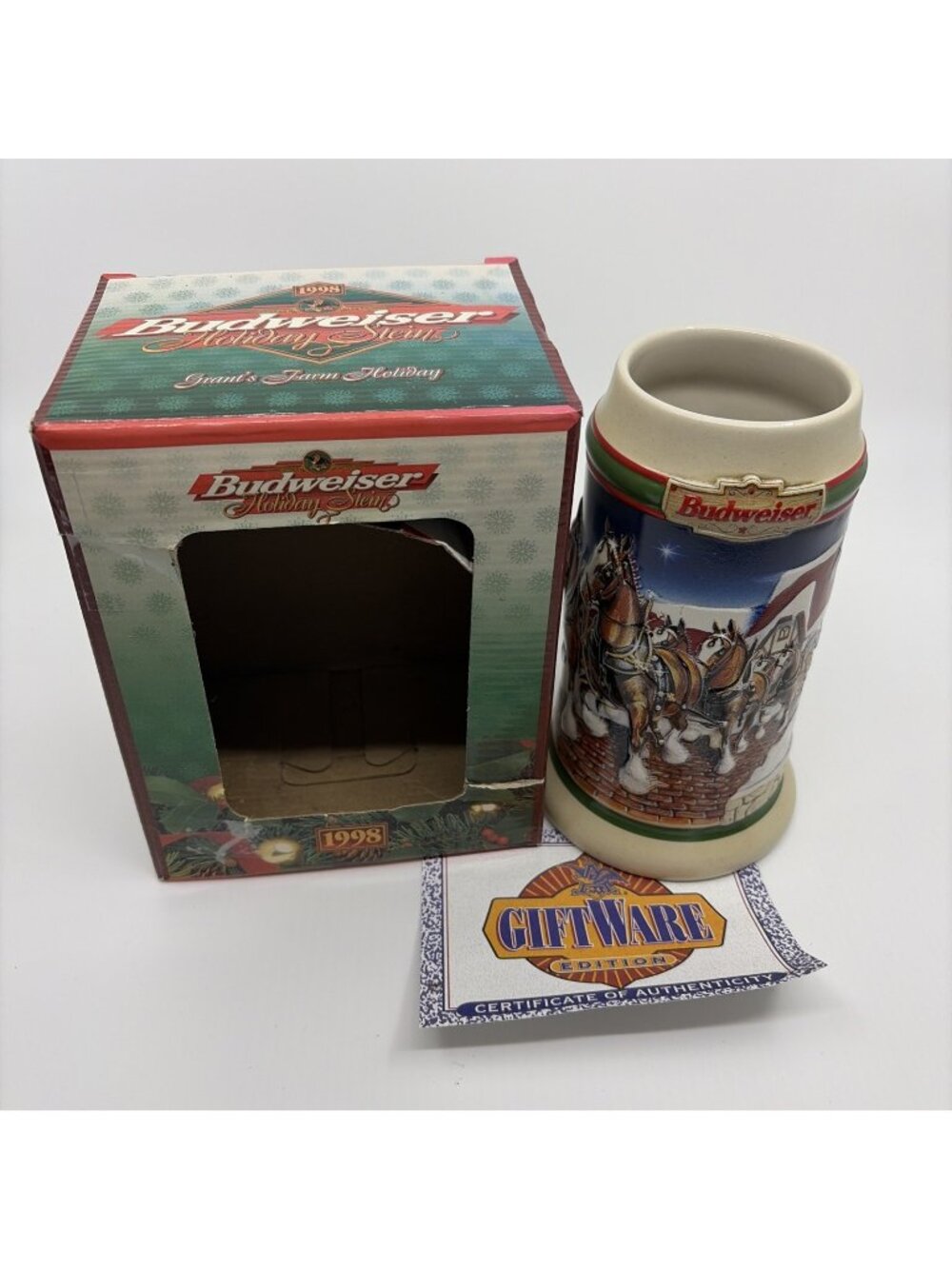 Budweiser Holiday Stein 1998 Grants Farm Holididay CS343 Anheuser Busch COA VTG